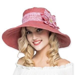 Summer Pink Lace Floral Wide Brim Panama Sun Hat NEW